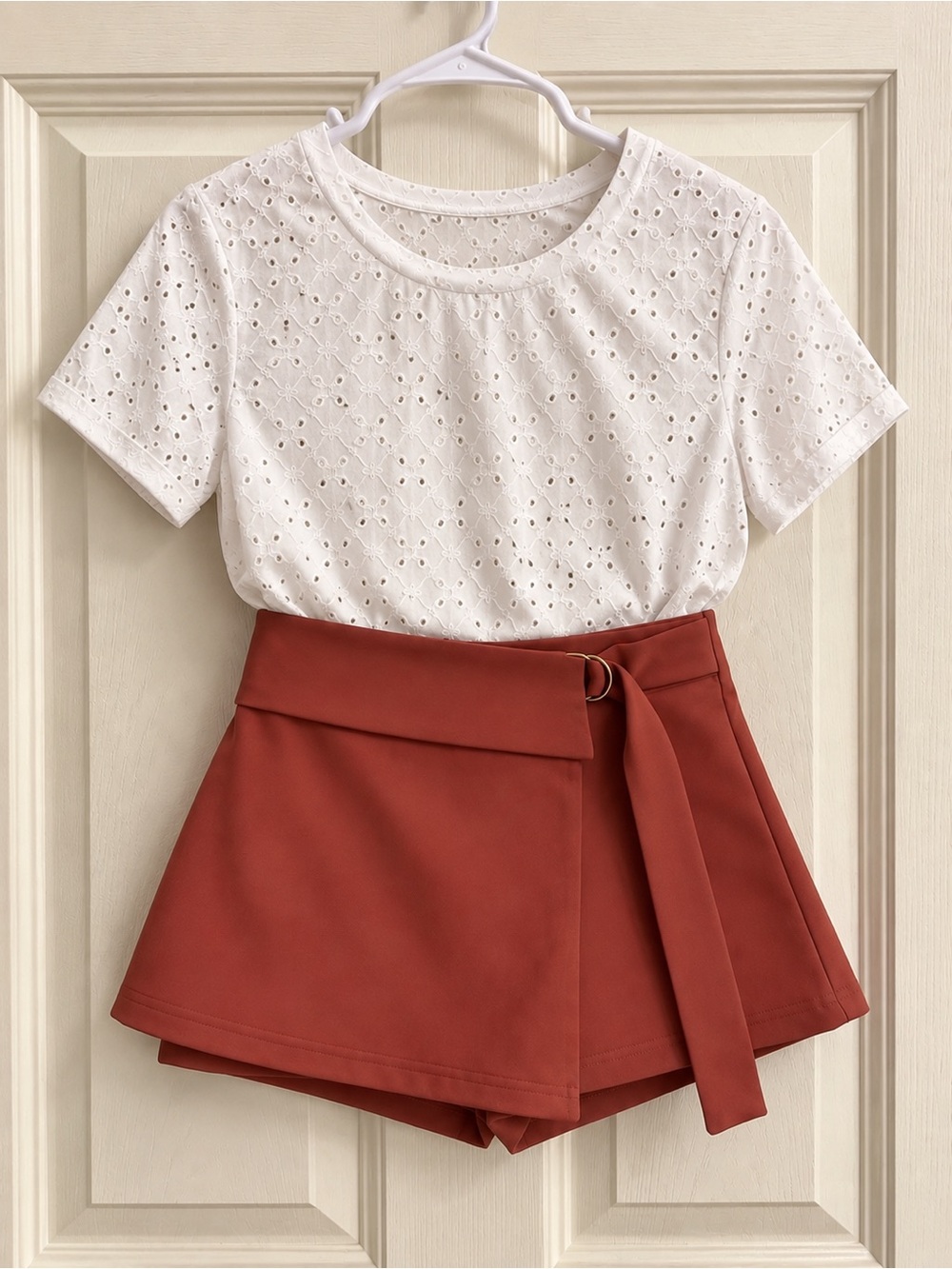 Women’s Rust Wrap-Front Skort & White Embroidered Short Sleeve Top